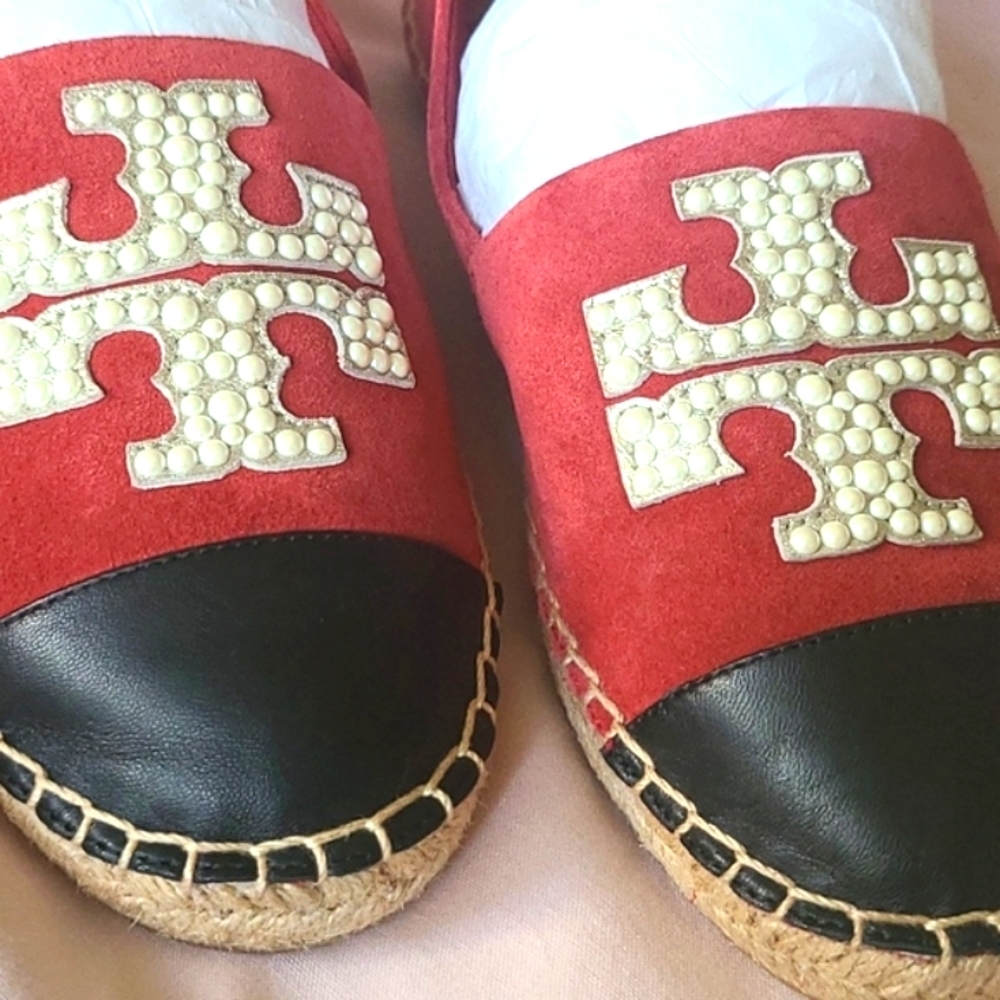 Tory Burch Pearl Logo Flat Espadrille-Nat suede/nappa leather NWT sz7 [949]